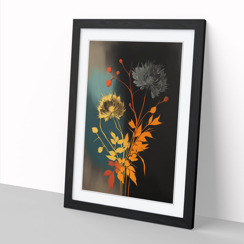 FRM-V0523-910X Flowers Mid Century - Single Picture Frame Print, 64cm H x 46cm W x 2cm D, Black Framed