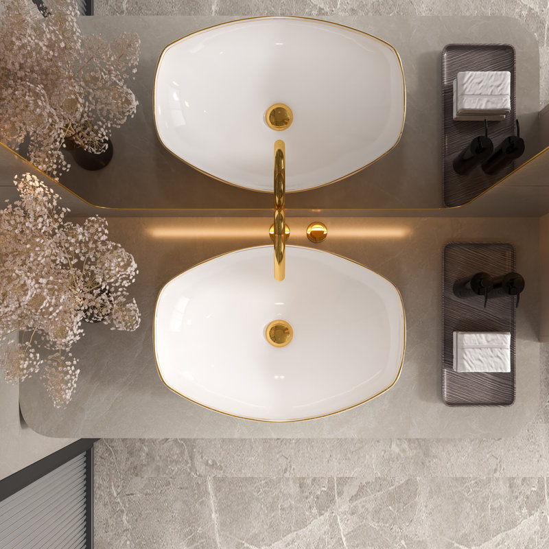 MEJE 22 inch LUXURY Gold Rim Above Counter Oval Vessel Bathroom Sink, Porcelain Ceramic Vessel Vanity Sink, Art Basin
