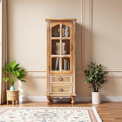 Rustic Storage Cabinet with Cutout Door and Drawers, Tall Narrow Organizer