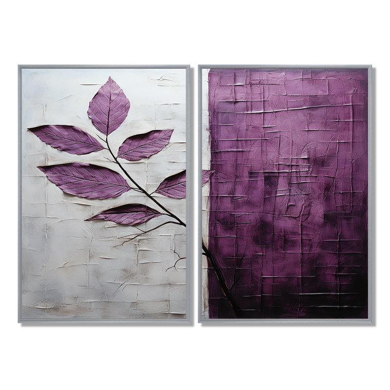 Purple Leaves Plum Precision - Purple Canvas Wall Art, Floater Framed Print, Silver, 36" H x 48" W