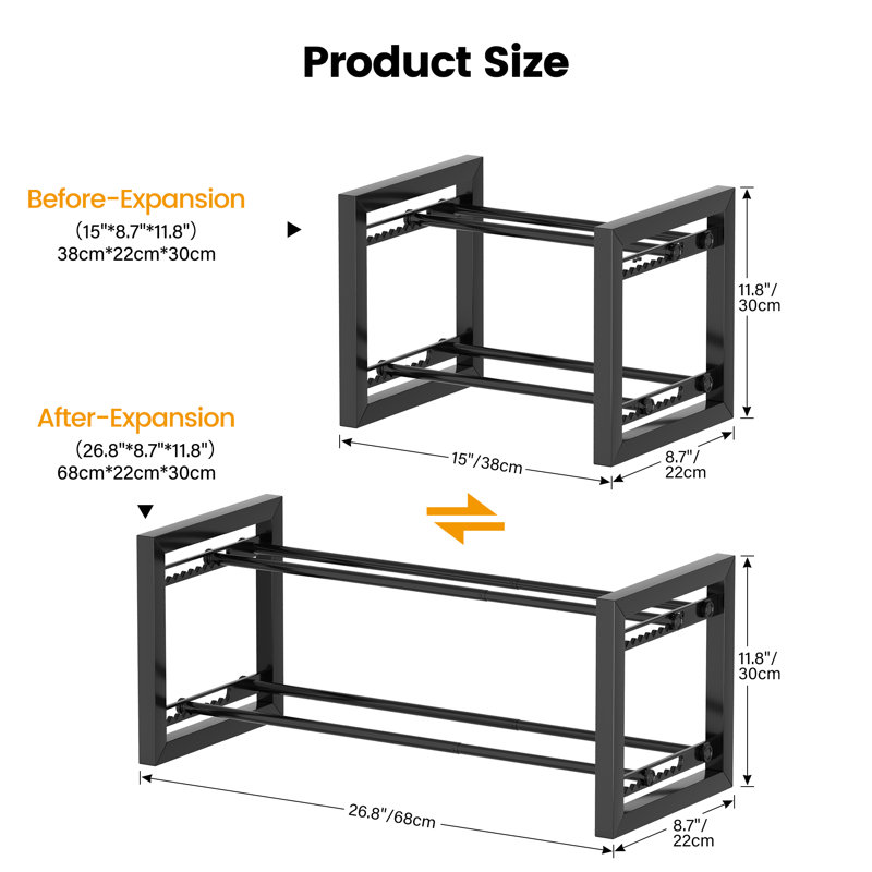 Expandable Shoe Rack, 2 Tier Metal Shoe Shelf, Adjustable Shoe Stand for Sneakers, Boots, Heels, Heavy-Duty Steel Standing Shoe Organizer for Entryway, Closet, Bedroom, Black