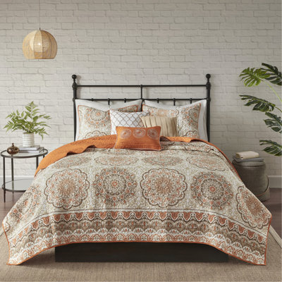 Ensemble de courtepointe réversible 6 pièces très grand / très grand - médaillons floraux, revers en tissu brossé, 2 taies décoratives et 3 coussins