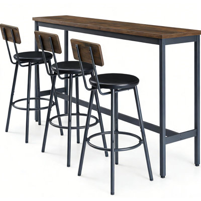 Bar Table And Chairs Set For 3, 4 Piece Industrial Dining Table Set With 3 PU Upholstered Bar Stools, Bar Table Set For Kitchen, Dining Room, Living Room, Bar, Cafe, Small Space Corner, Rustic Brown