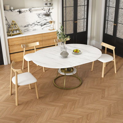 Ensemble de table de salle à manger, table de salle à manger extensible ronde avec base en métal, 4 chaises à structure en bois