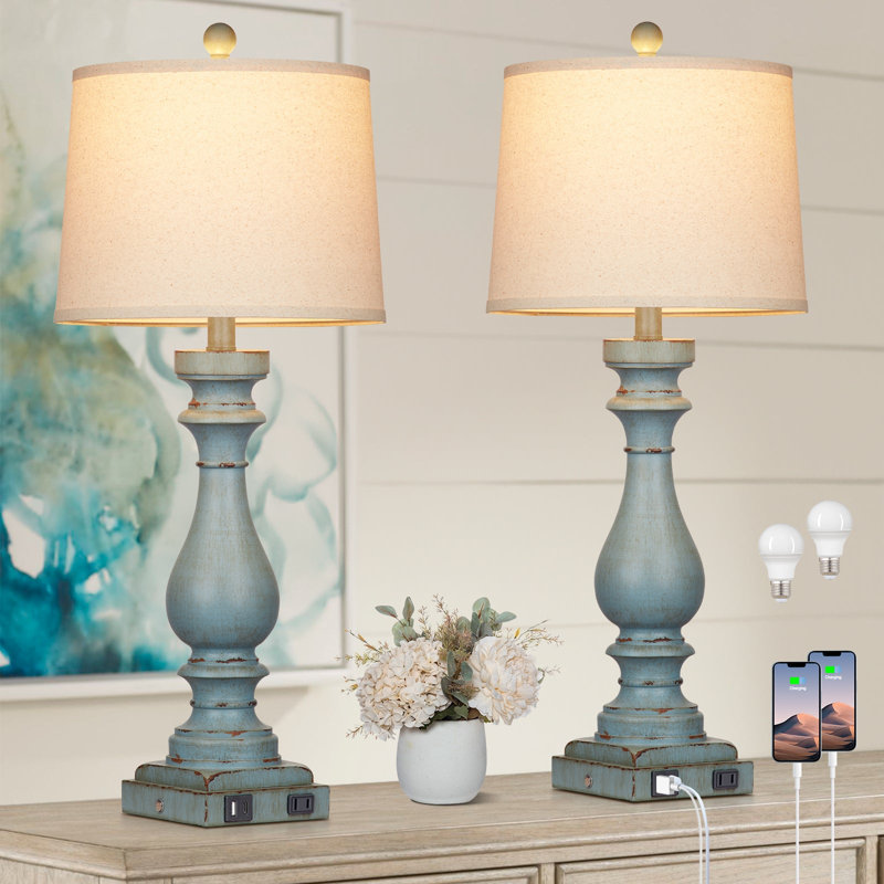 28.5'' Gibsland Resin Table Lamp with Drum Shade USB Ports Touch Switch