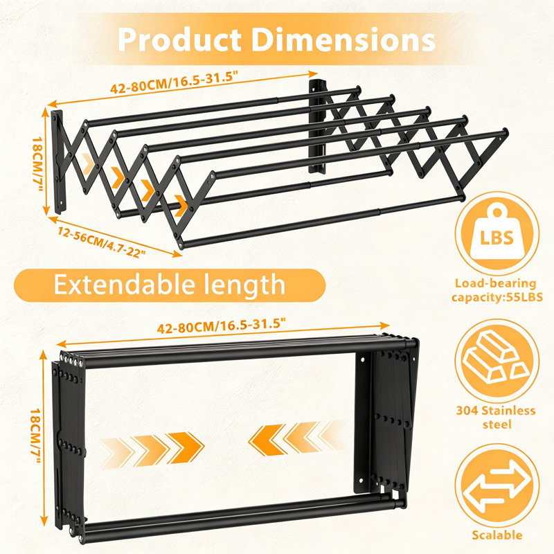 Stainless Steel Wall-Mounted Drying Rack, Black