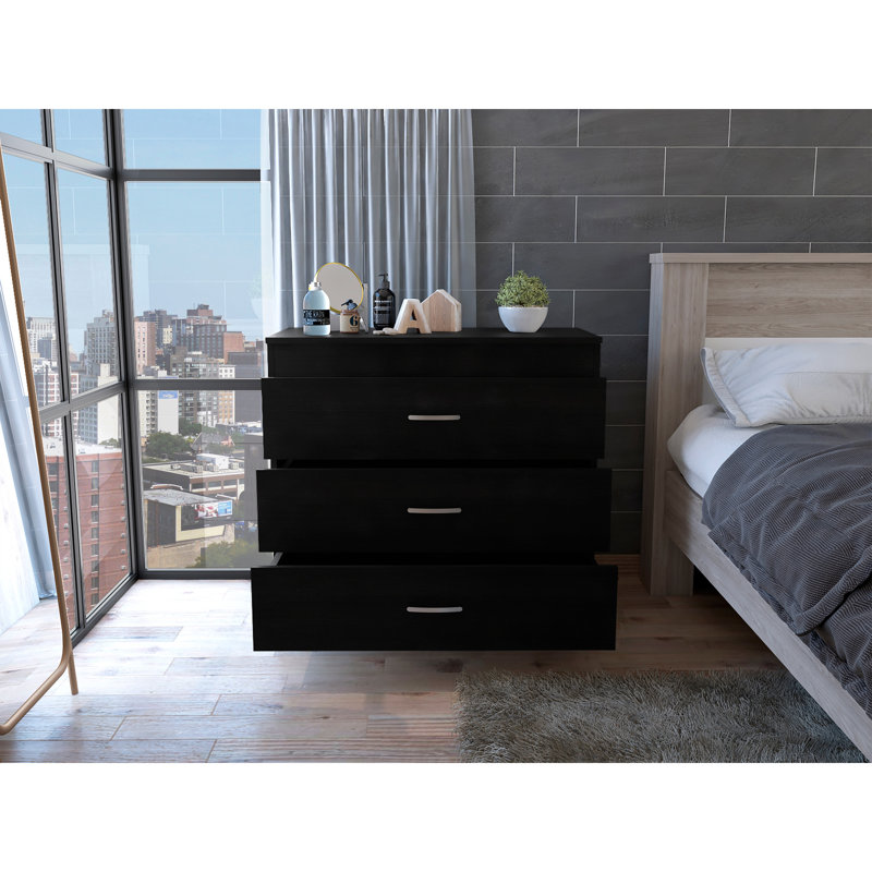 Commode à trois tiroirs, plateau supérieur, quincaillerie en métal - noir, Noir