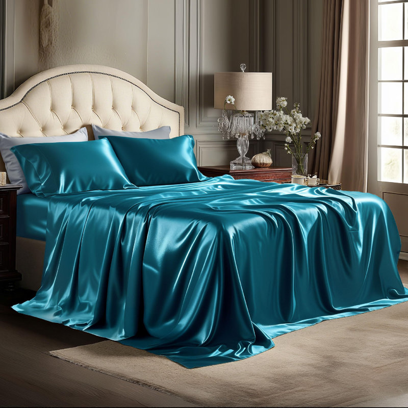 Bedsure Satin Sheet Set Full Size - 4 Piece Silky Bedsheets with 15" Deep Pocket (Full, Teal), Full, Enamel Blue
