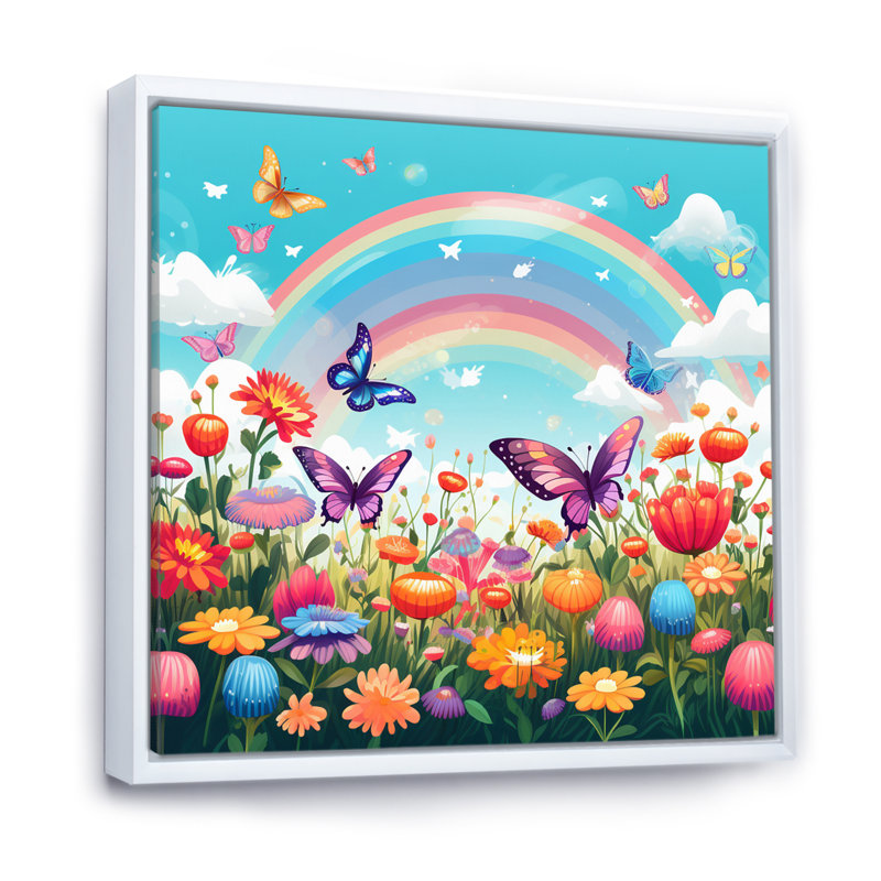 Mauve Butterfles, champ de fleurs arc-en-ciel idyllique, H 24 po x l 24 po, Cadre flottant blanc