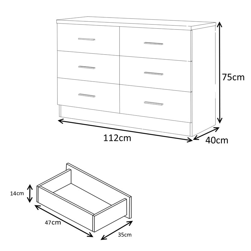 Eva High Gloss 6 Drawer Chest of Drawers - H: 75cm x D: 40cm x W: 112cm, Walnut/Gloss Black