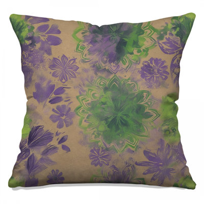Purple Green Floral Mandala Double Sided Throw Pillows