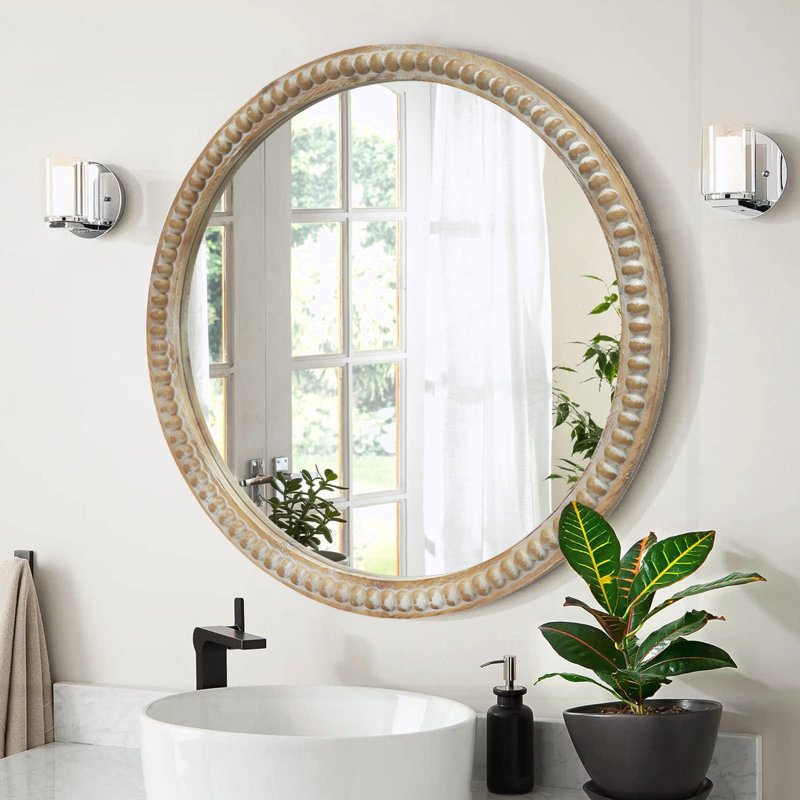 Miroir mural rond rond, cadre en bois vieilli 27,5 po