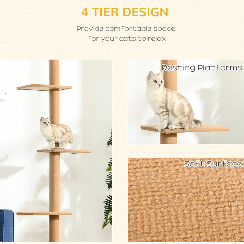 Arbre à chat à plancher-plafond, 8,5 pi de hauteur avec poteaux à griffer amusants, brun pour tourelle grimpante réglable pour surface douce et chaton