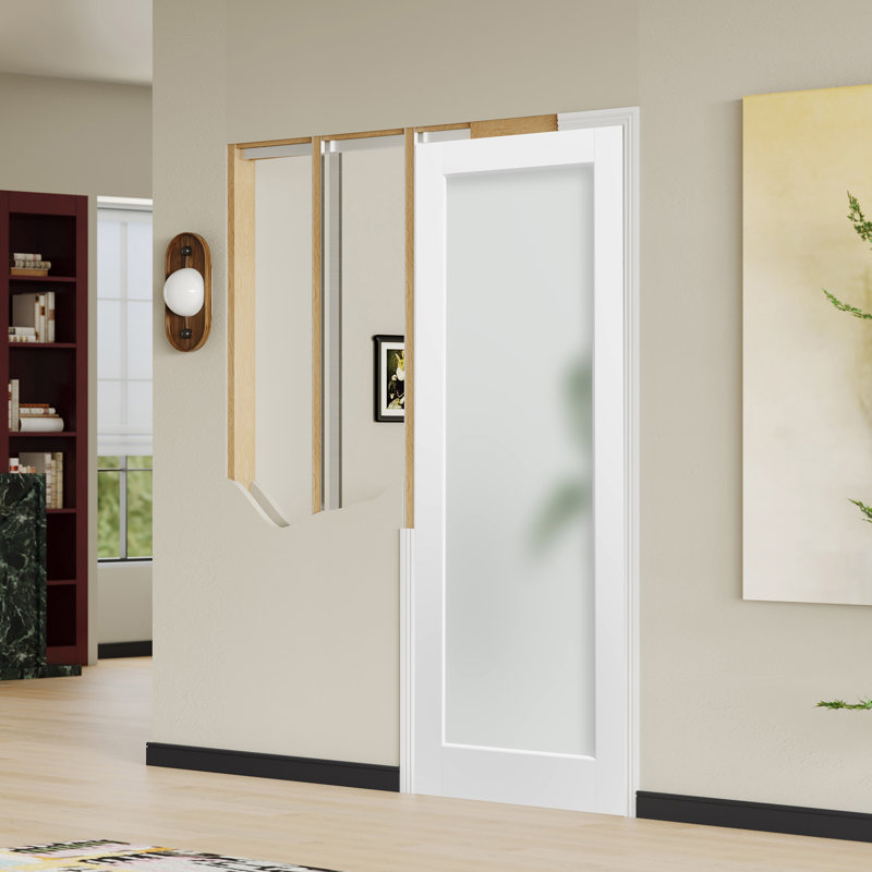 Ensemble de cadre de porte à gousset pour murs à montants 2 x 4 - Système de quincaillerie coulissante à fermeture en douceur avec porte en verre givré blanc 1-Lite incluse