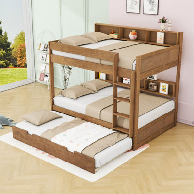 Wood Bunk Bed with Pull-Out Trundle and Built-in Storage Shelves
