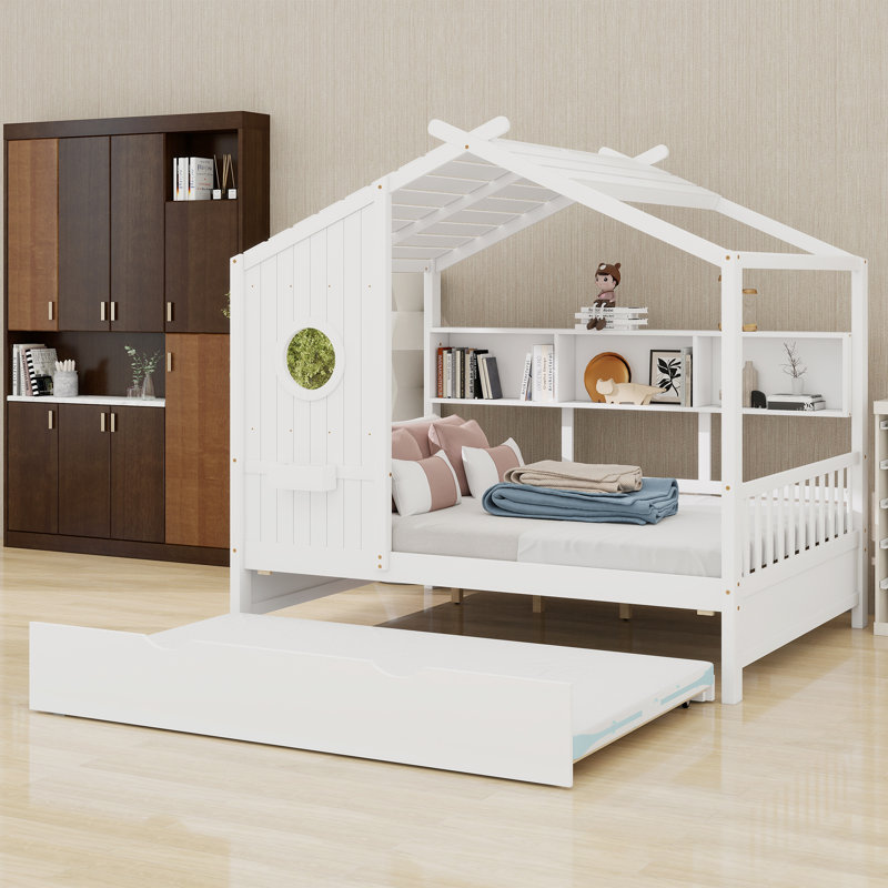 Lit maison avec lit gigogne, Blanc, Lit double