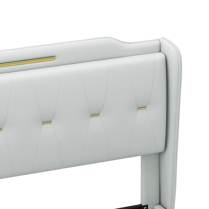 Structure de lit très grand lit gris avec revêtement en cuir PU, tête de lit à oreilles, décoration en métal doré, sans sommier tapissier, lit tapissier de construction, tête de lit et lattes en bois massif, renfort, 4