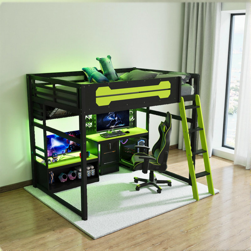 Lit mezzanine double avec bureau intégré, espace de rangement et ports USB, Vert