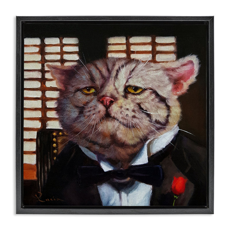 "Tuxedo Adorned Cat", art mural sur toile flottante noire, design par Lucia Heffernan, Cadre flottant noir de jais