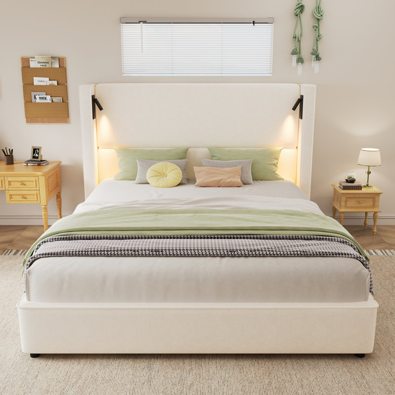 Upholstered Bed Frame with Reading Lamp and USB port, Queen
