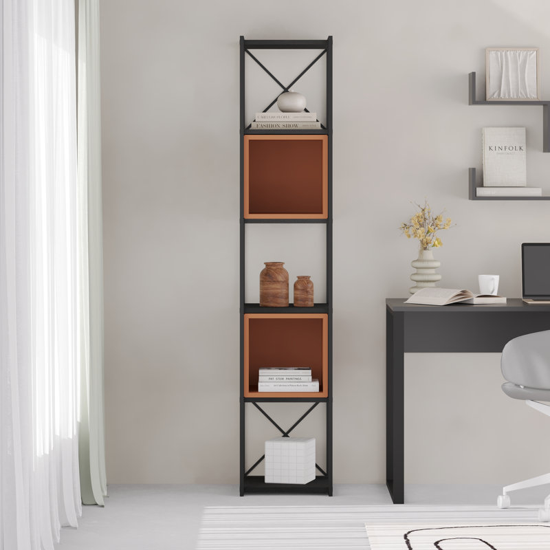 5-Shelf Slim Display Bookcase with Cross Metal Frame, Black/Cinnamon