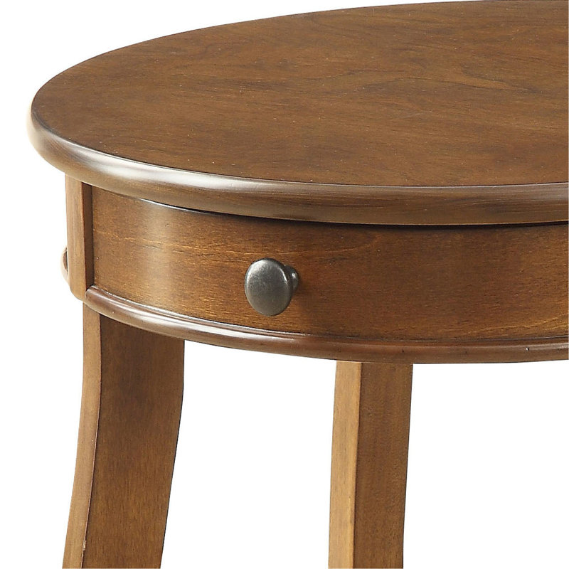 Table de bout ronde en noyer avec tiroir et 1 tablette inférieure