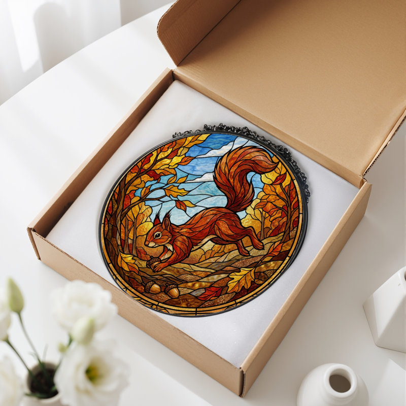 Panneau de vitrail écureuil d'automne 7,8 po H 7,8 po, 7.8" H x 7.8" W