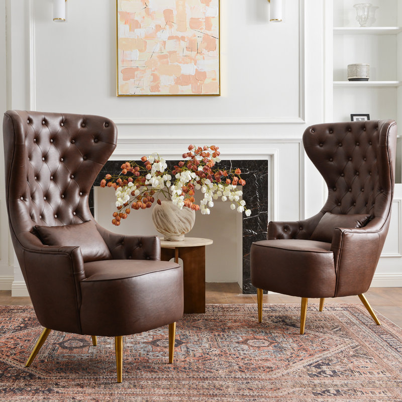 Flaxville Tufted Wingback Chair (Set of 2), Brown Faux Leather