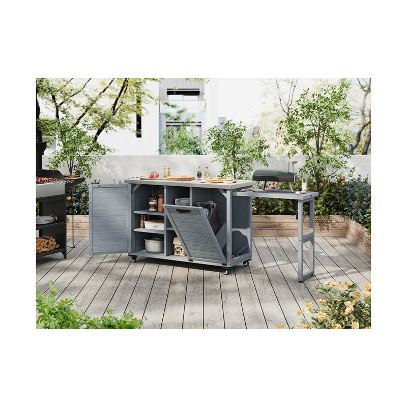 78.3" Outdoor Kitchen Island with Foldable Grill Table and Hidden Trash Cabinet, Bleu gris
