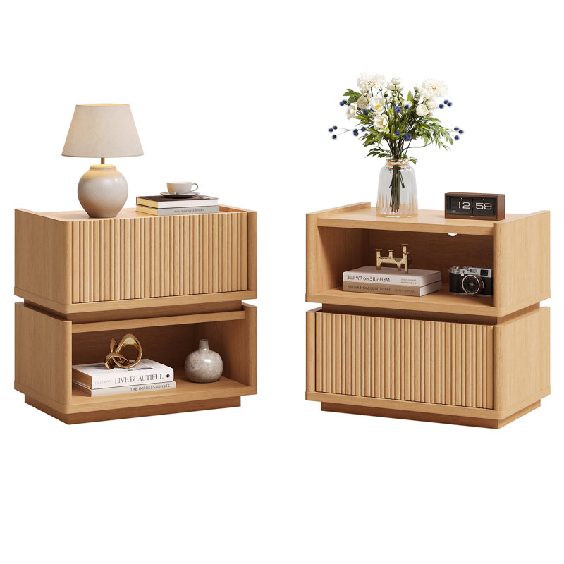 Fluted Modular Combination Nightstand With Open And Closed Drawers, Set of 2