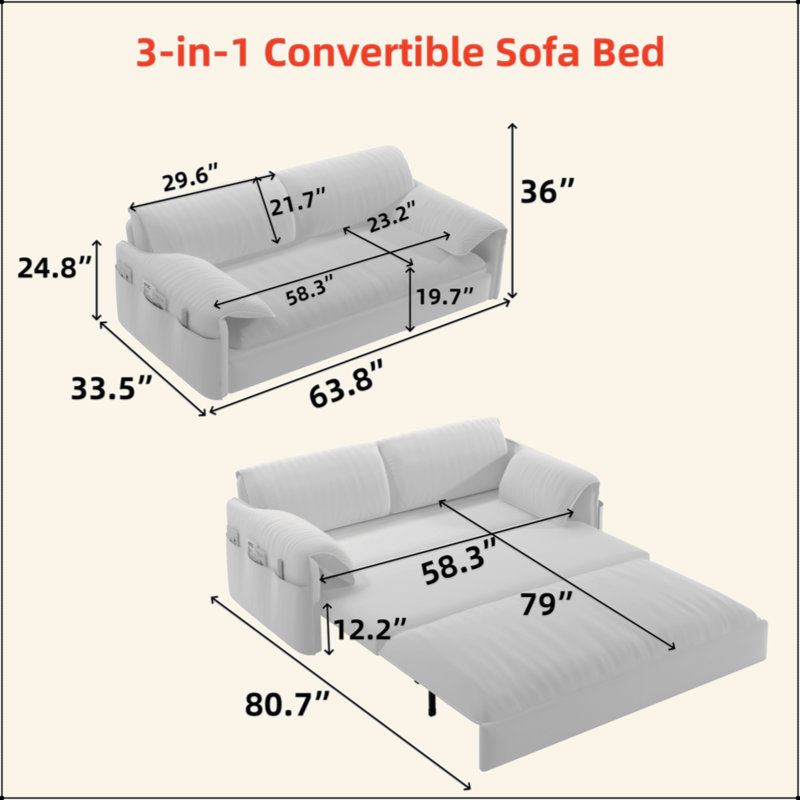 63.8" Queen Pull Out Sofa Bed, 3-In-1 Convertible Sleeper Sofa With Side Storage,Multi-Functional Velvet Loveseat Bed For Living Room,Bedroom,Apartment,Office