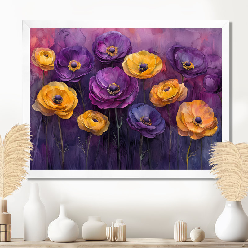 Lavande, fleurs de renoncule champ III - Renoncule, art mural de salon, H 16 po x l 32 po, Gold Picture Framed