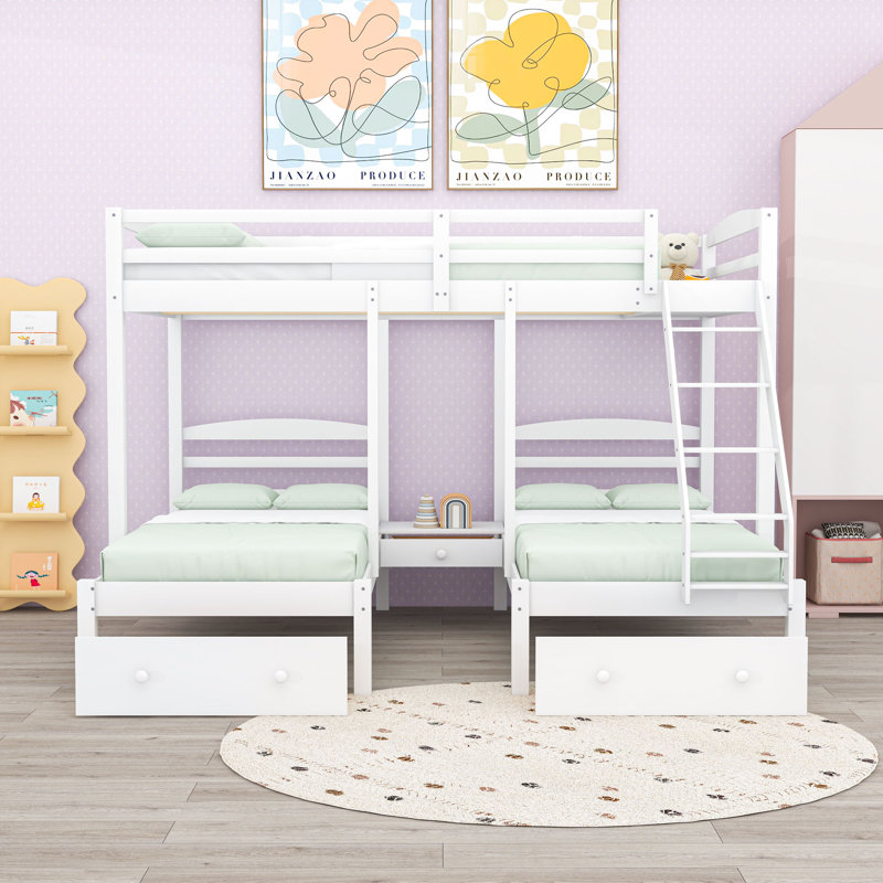 Lit superposé triple / quadruple en bois double avec 3 tiroirs avec tablettes et tablette, Lit simple, Blanc