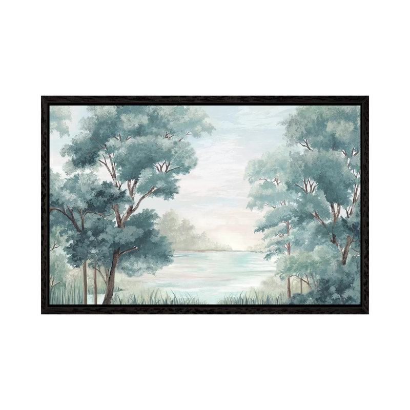 Calm Forest River by Eva Watts - Painting on Canvas, 101.6cm H x 152.4cm W x 3.81cm D, Black Framed