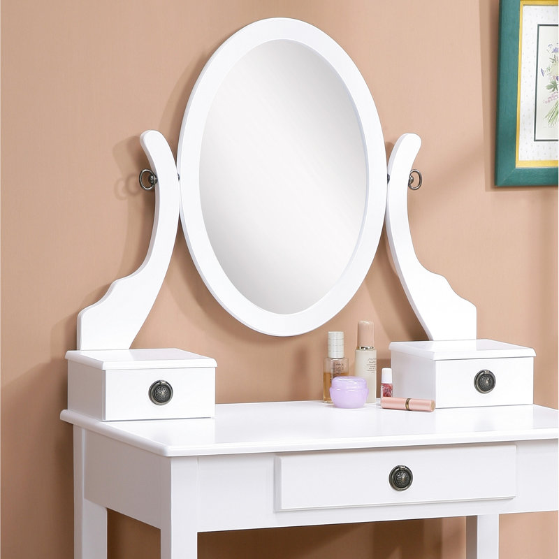 Chic White Wooden Makeup Table And Stool With 3 Storage Drawers Oval Mirror Stylish Vanity Cushioned In Wood, White
