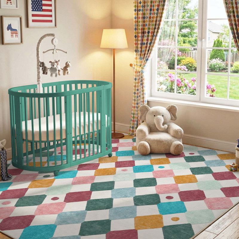 Colorful Diamond for Kids Washable Non-slip Rug, Argyle Confetti, Square 8'