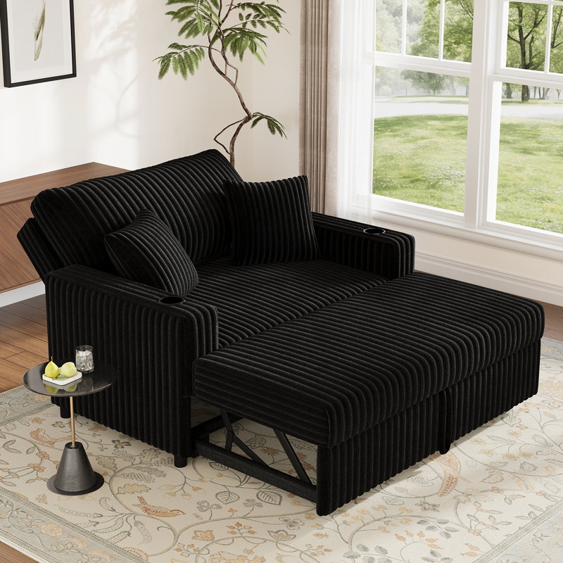 Pull-Out Sofa Bed with Chaise Lounge, Vertical Black Corduroy Fabric