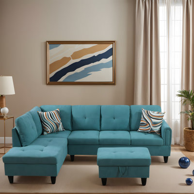 Teal Blue 5-Person Sofa Set With Ottoman & Storage – Elegant, Comfortable, And Versatile Design