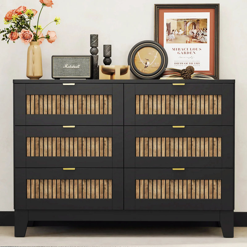 Wooden Dresser with 6 Drawers, Black