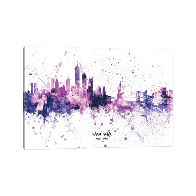 New York Skyline Splash Purple by Michael Tompsett - Wrapped Canvas Print