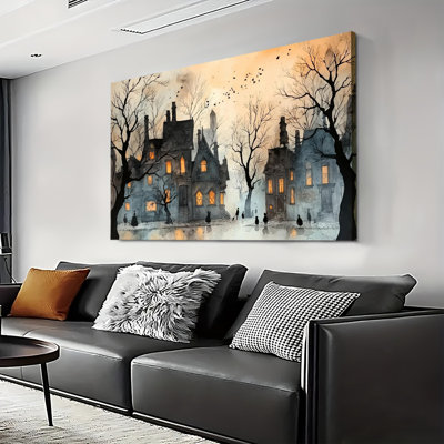 «Spooky Farmhouse Halloween Night Haunted House Scene», reproduction d'art sur toile tendue avec grande galerie pour le salon et la chambre à coucher