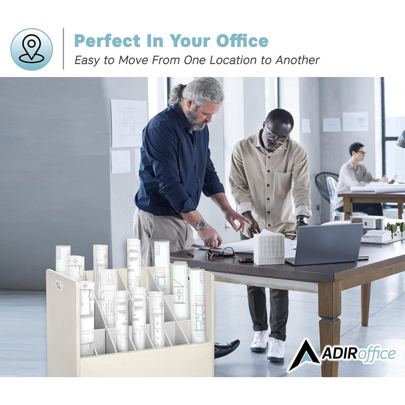 Adiroffice 21-Slot Mobile Rolling Wood Blueprint Roll File Large Document Organizer, White