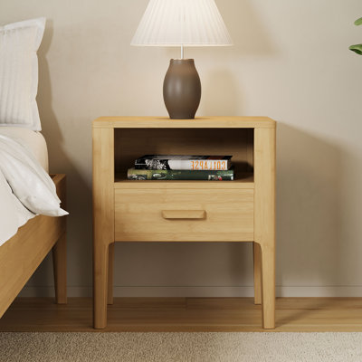 Mid-Century Modern Solid Bamboo Wood Nightstand with Drawer and Open Shelf, Bedside Table, Natural