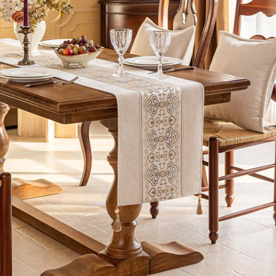 Table Runner with Jacquard Center Band and Tassels,Beige,72" x 14"