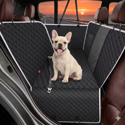 Center console booster seat for small dogs up to 13 pounds; features integrated safety belt and storage pockets; portable armrest design suitable for puppies and cats; grey finish.