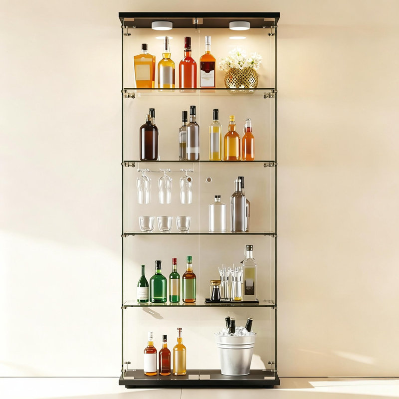 5-Tier Display Cabinet with Dual Glass Doors, Cabinet Display Case Tempered Glass Curio Cabinet with Human Body Sensor & 3-Color LED Lights for Collectibles, Wine, Living Room (Black)