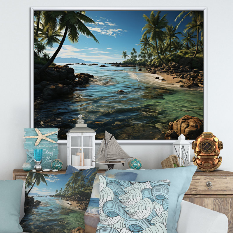 «Amandy Beach Palm Oasis», reproduction sur toile, Cadre flottant blanc, 24" H x 32" W