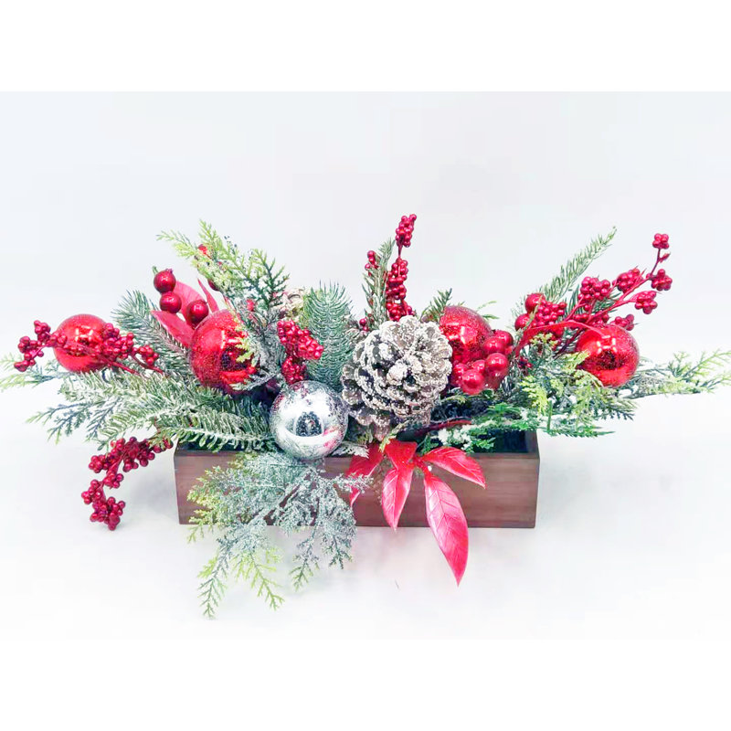 Arrangement floral mixte en pot, Rouge / argenté