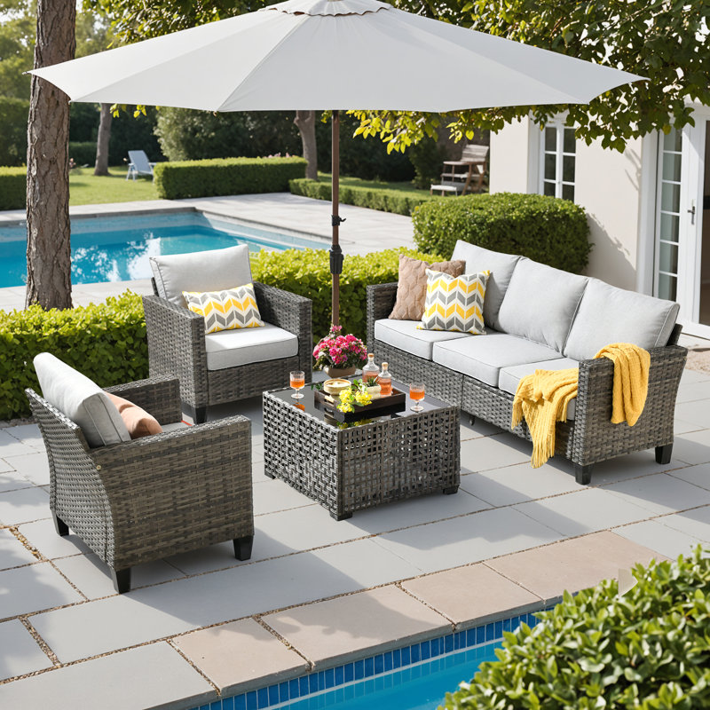 5-Person Outdoor Wicker Sofa Set With Solar Led Coffee Table, All-Weather Rattan Patio Furniture With Cushions For Garden And Backyard
