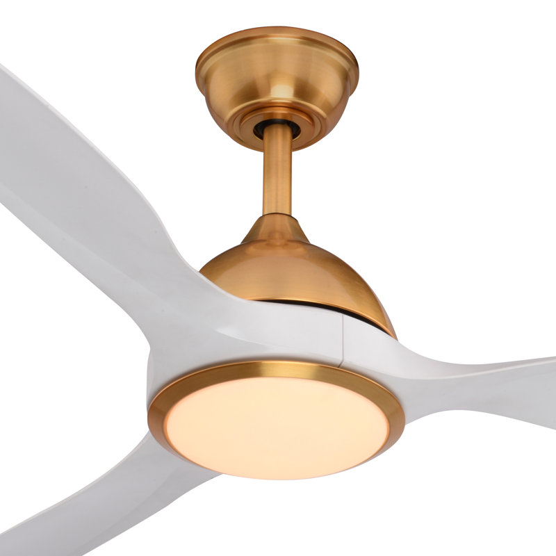  Long Grove 56 in. Satin Brass Indoor Rod Mount Contemporary Ceiling Fan with White Blades, Dimmable Integrated LED Light Kit and Remote Control Included, 6 Speed Energy Efficient DC Motor